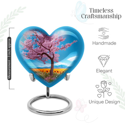 Powder Blue Cherry Blossom Cremation Urn front view showing detailed design - loving heart memorial featuring cherry blossom pattern - mini keepsake memorial for portion of cremation ashes