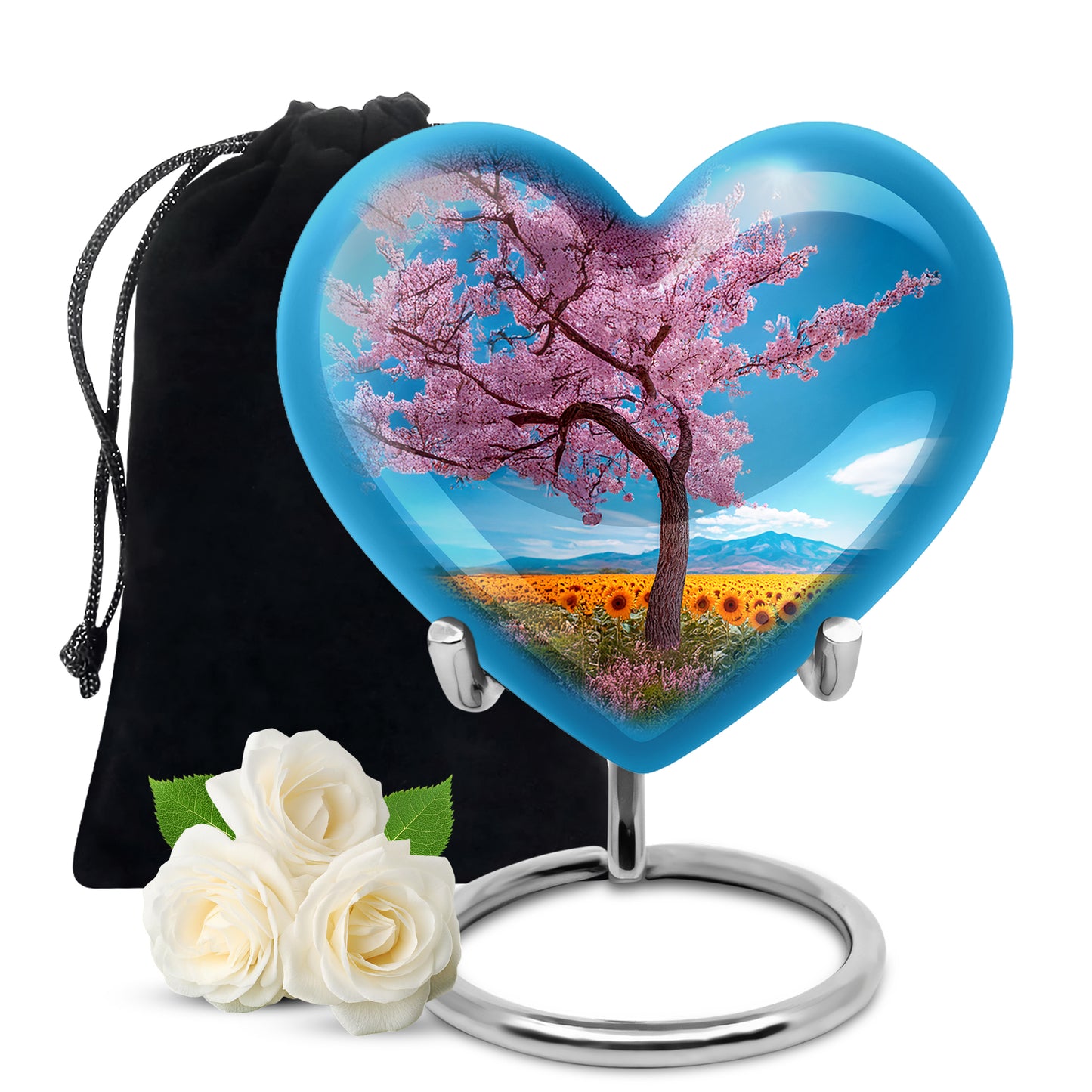 Vivid Blue Cherry Blossom Cremation Urn detail view - compassionate heart-cherry blossom combination with gentle curves - full-size 10 inch 200 cubic inch adult cremation urn