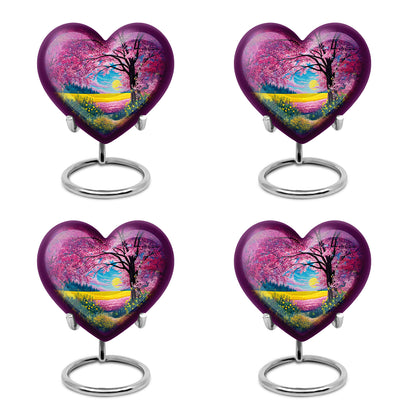 Peony Pink Cherry Blossom Cremation Urn angled view of lid and engraved motif - loving heart memorial featuring cherry blossom pattern - 10 inch aluminum urn for cremated remains