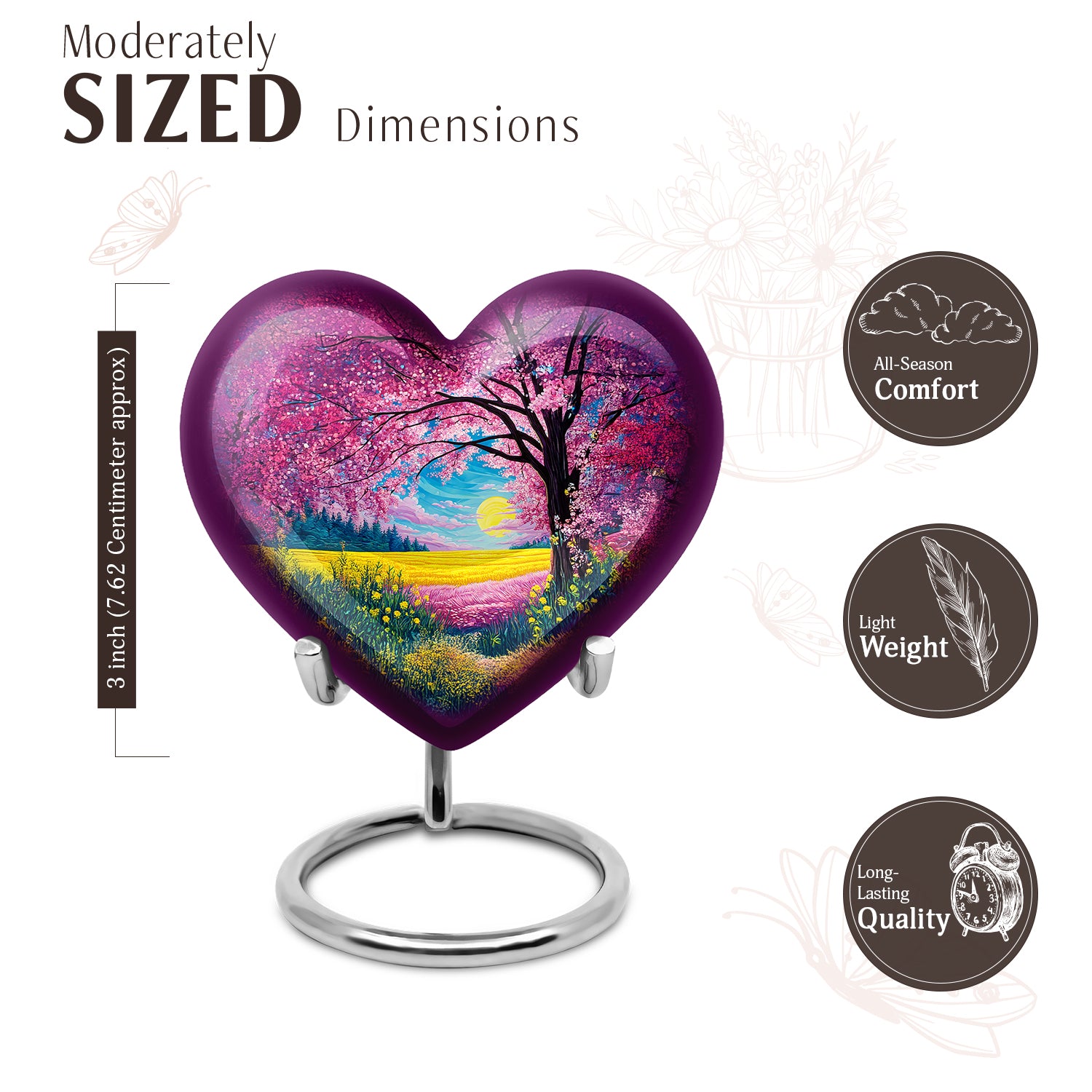 Rose Pink Cherry Blossom Cremation Urn front view showing detailed design - loving heart memorial featuring cherry blossom pattern - mini keepsake memorial for portion of cremation ashes