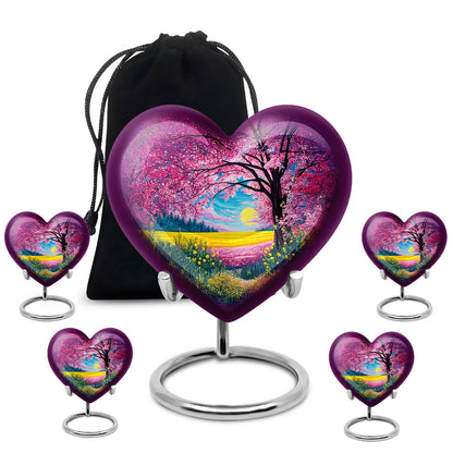 Pastel Pink Cherry Blossom Cremation Urn close-up of engraving and surface detail - heart-shaped cherry blossom design symbolizing eternal love - memorial set with one large and four small urns
