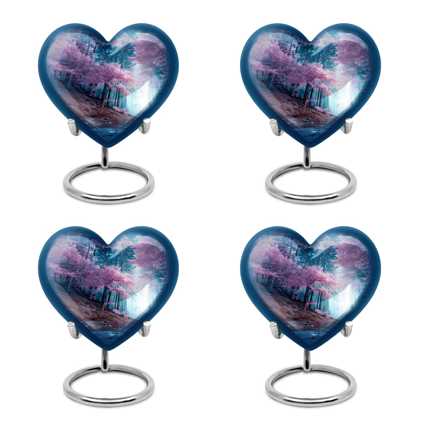 Royal Blue Cherry Blossom Cremation Urn angled view of lid and engraved motif - romantic heart urn with cherry blossom motif on aluminum - 10 inch aluminum urn for cremated remains
