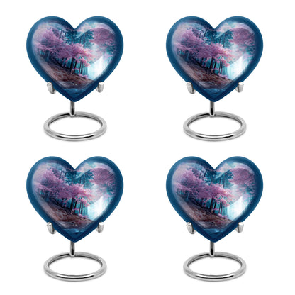Royal Blue Cherry Blossom Cremation Urn angled view of lid and engraved motif - romantic heart urn with cherry blossom motif on aluminum - 10 inch aluminum urn for cremated remains