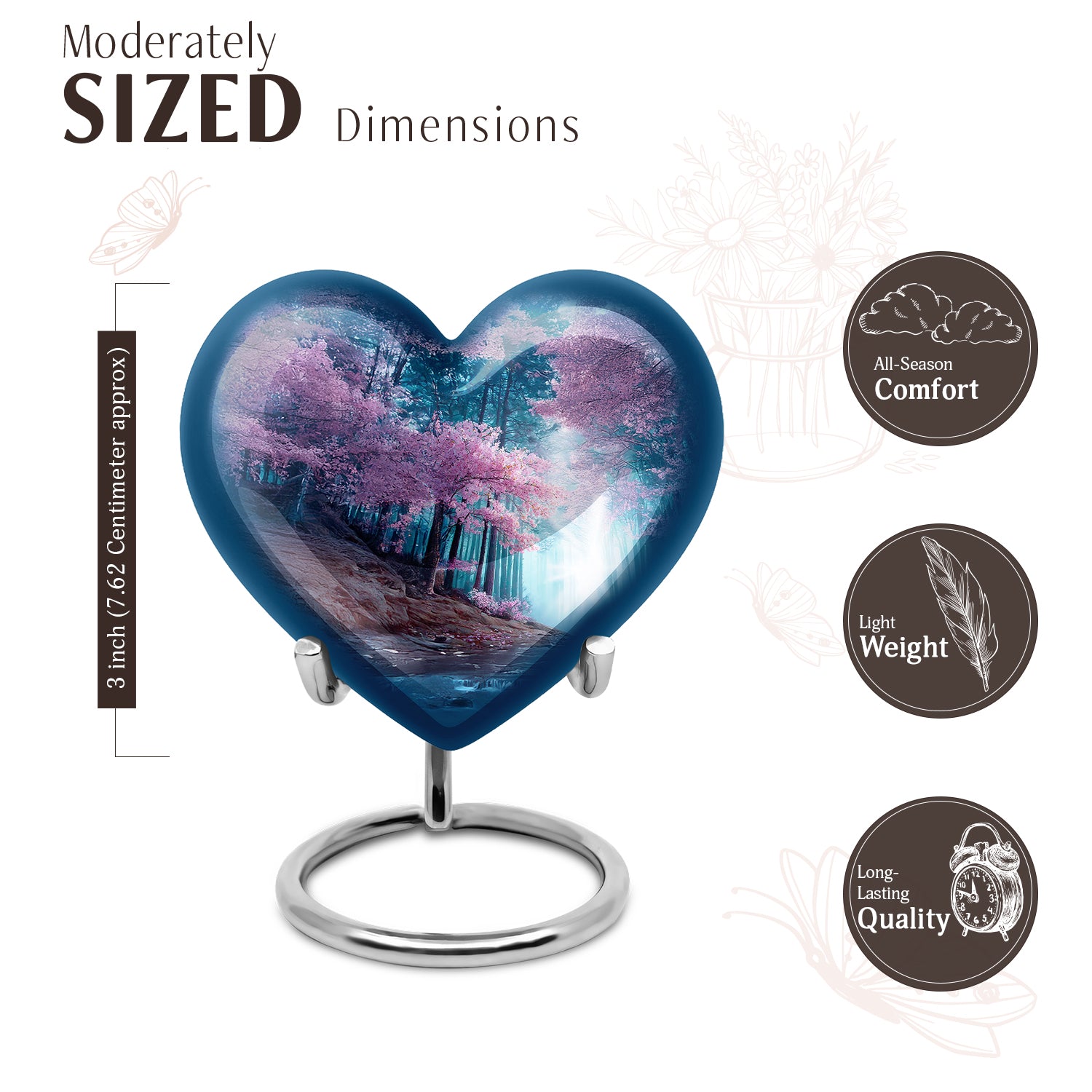 Misty Blue Cherry Blossom Cremation Urn front view showing detailed design - loving heart memorial featuring cherry blossom pattern - mini keepsake memorial for portion of cremation ashes