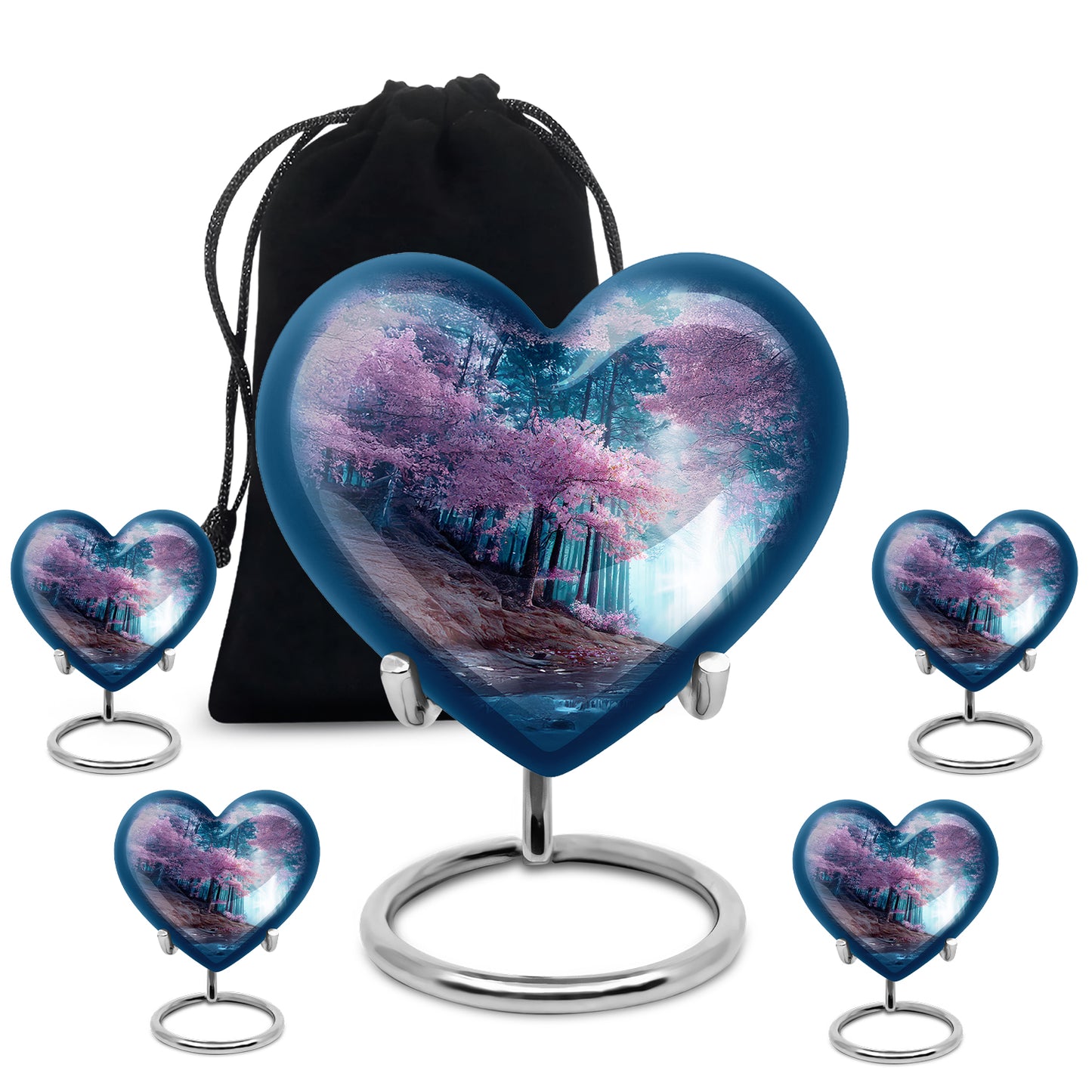 Serene Blue Cherry Blossom Cremation Urn close-up of engraving and surface detail - romantic heart urn with cherry blossom motif on aluminum - memorial set with one large and four small urns