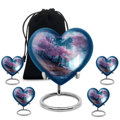 Serene Blue Cherry Blossom Cremation Urn close-up of engraving and surface detail - romantic heart urn with cherry blossom motif on aluminum - memorial set with one large and four small urns