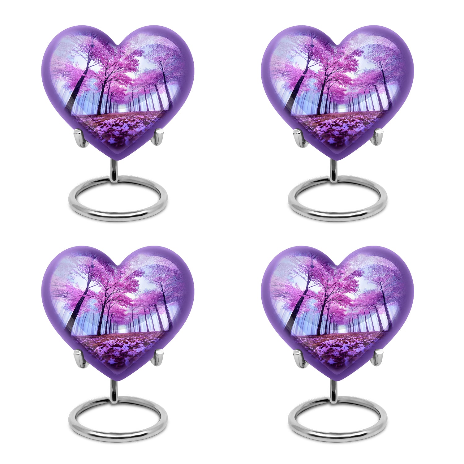 Icy Blue Cherry Blossom Cremation Urn angled view of lid and engraved motif - heart-shaped cherry blossom design symbolizing eternal love - 10 inch aluminum urn for cremated remains