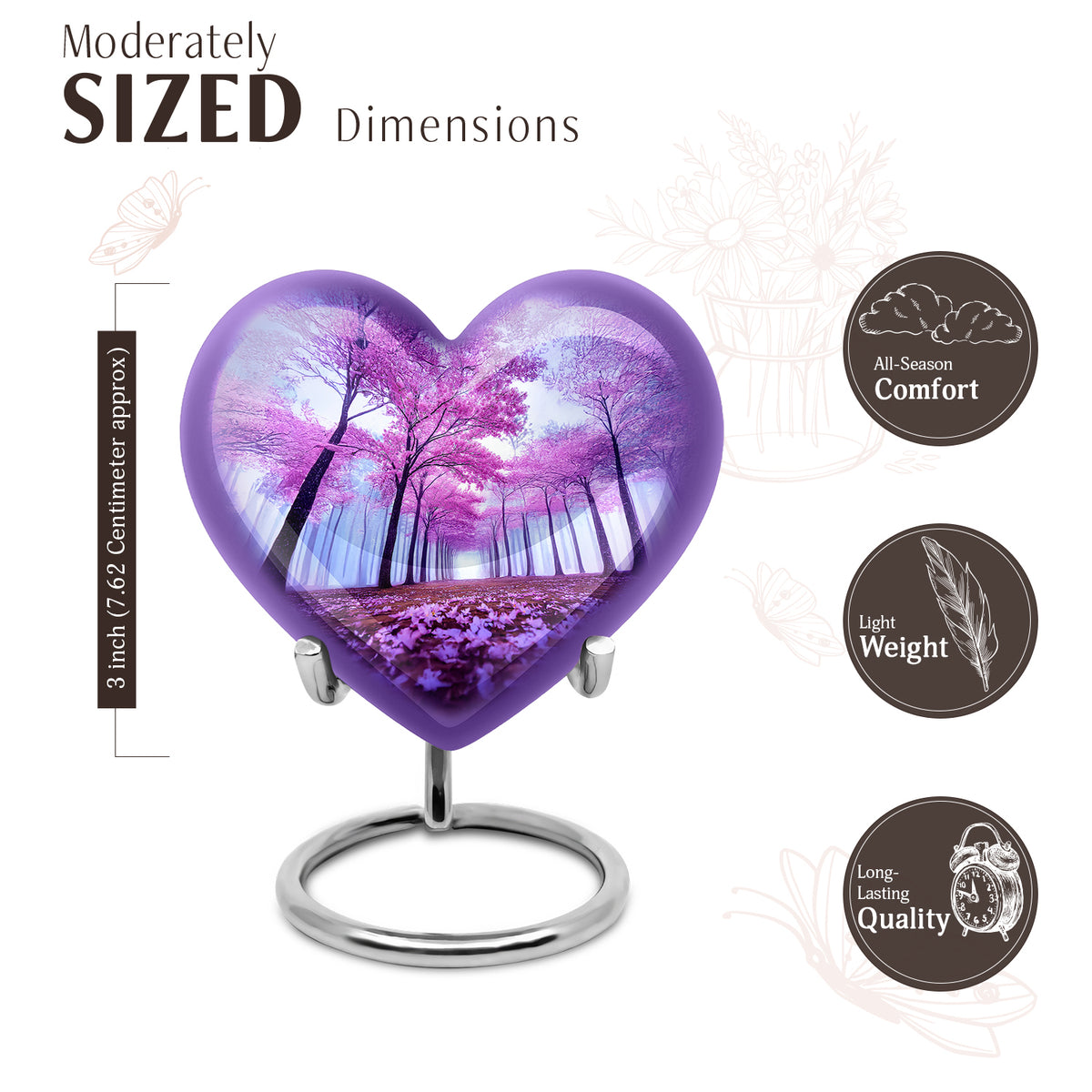 Cornflower Blue Cherry Blossom Cremation Urn front view showing detailed design - romantic heart urn with cherry blossom motif on aluminum - mini keepsake memorial for portion of cremation ashes