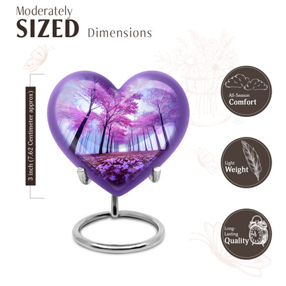 Cornflower Blue Cherry Blossom Cremation Urn front view showing detailed design - romantic heart urn with cherry blossom motif on aluminum - mini keepsake memorial for portion of cremation ashes