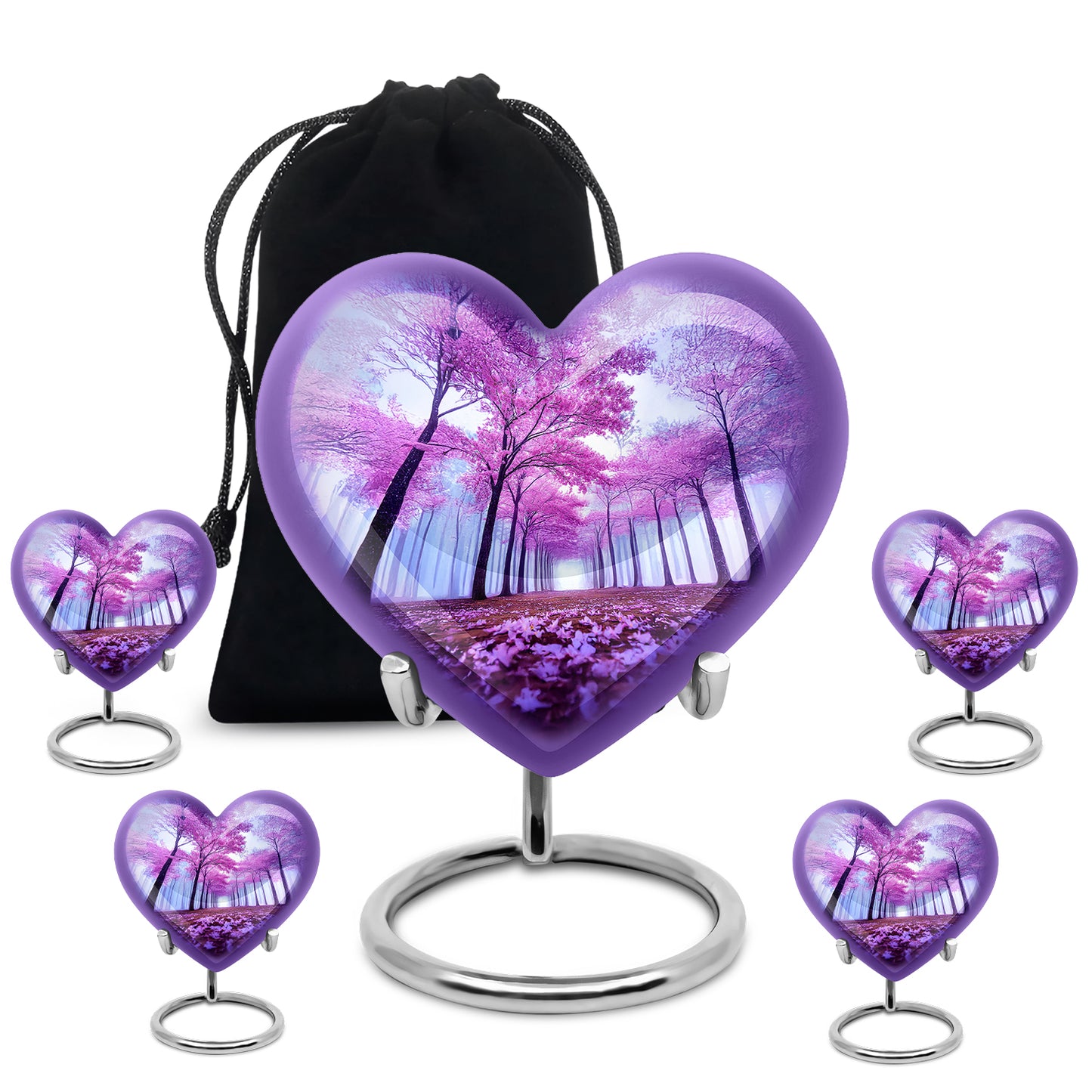 Slate Blue Cherry Blossom Cremation Urn close-up of engraving and surface detail - loving heart memorial featuring cherry blossom pattern - memorial set with one large and four small urns