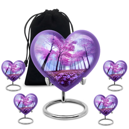 Slate Blue Cherry Blossom Cremation Urn close-up of engraving and surface detail - loving heart memorial featuring cherry blossom pattern - memorial set with one large and four small urns