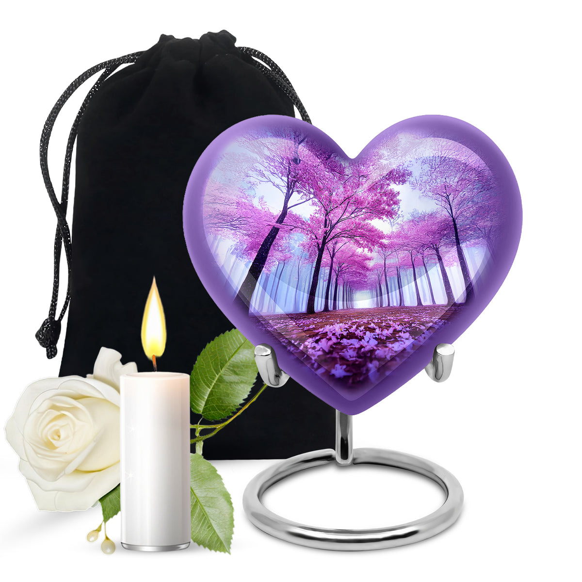 Royal Blue Cherry Blossom Cremation Urn detail view - romantic heart urn with cherry blossom motif on aluminum - full-size 10 inch 200 cubic inch adult cremation urn