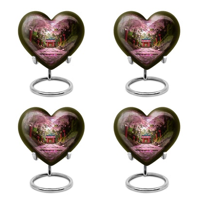 Harvest Gold Cherry Blossom Cremation Urn angled view of lid and engraved motif - romantic heart urn with cherry blossom motif on aluminum - 10 inch aluminum urn for cremated remains