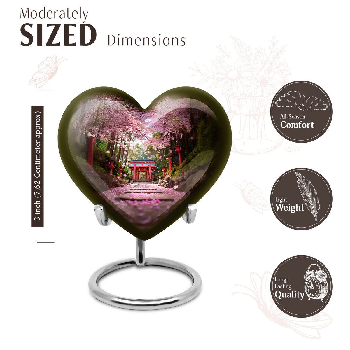 Harvest Gold Cherry Blossom Cremation Urn front view showing detailed design - romantic heart urn with cherry blossom motif on aluminum - mini keepsake memorial for portion of cremation ashes