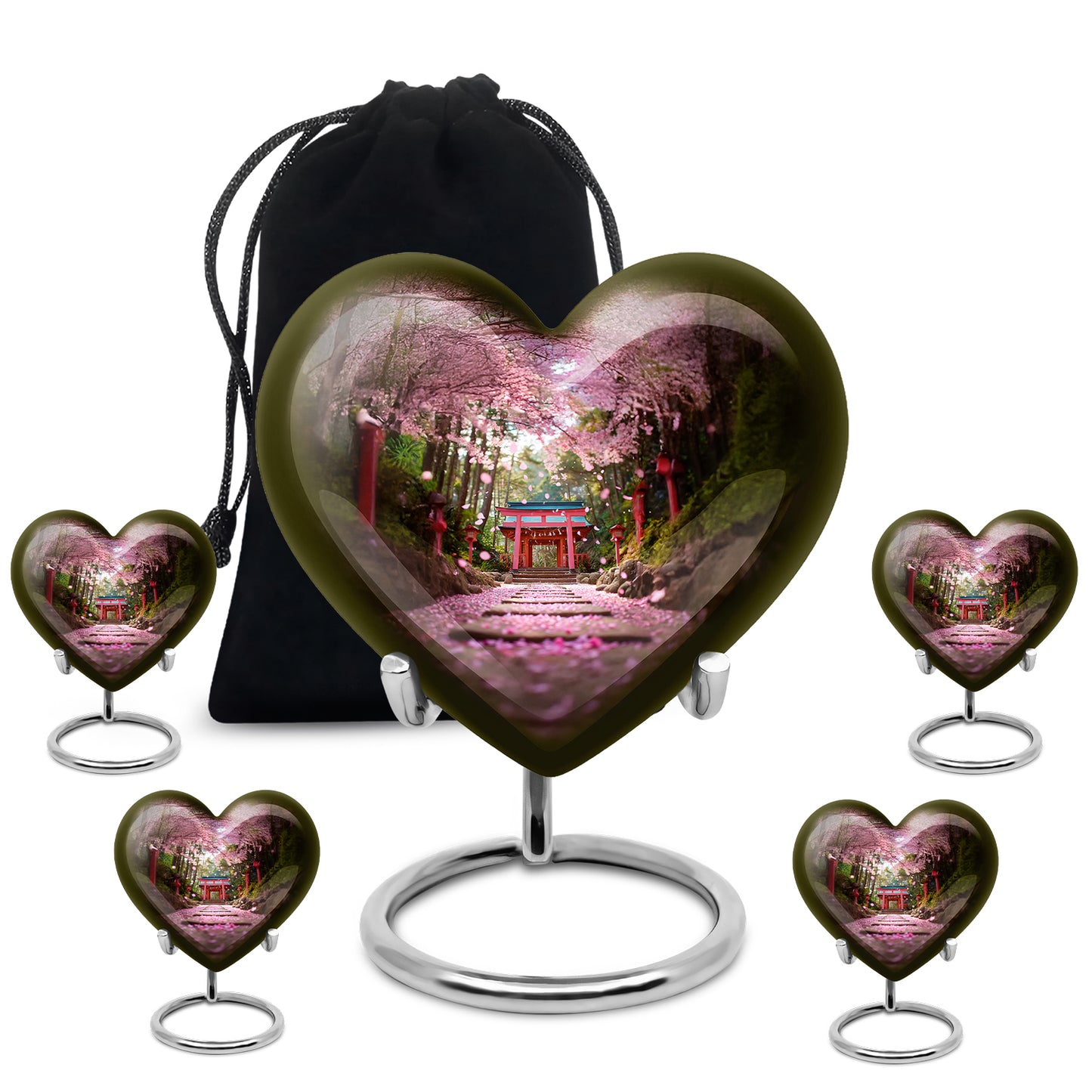 Royal Gold Cherry Blossom Cremation Urn close-up of engraving and surface detail - romantic heart urn with cherry blossom motif on aluminum - memorial set with one large and four small urns