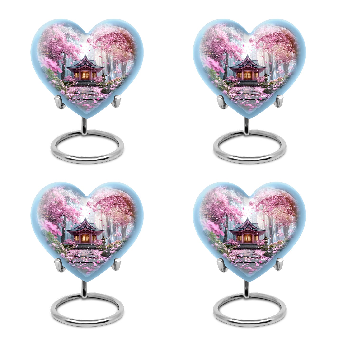Coral Pink Cherry Blossom Cremation Urn angled view of lid and engraved motif - heart-shaped cherry blossom design symbolizing eternal love - 10 inch aluminum urn for cremated remains