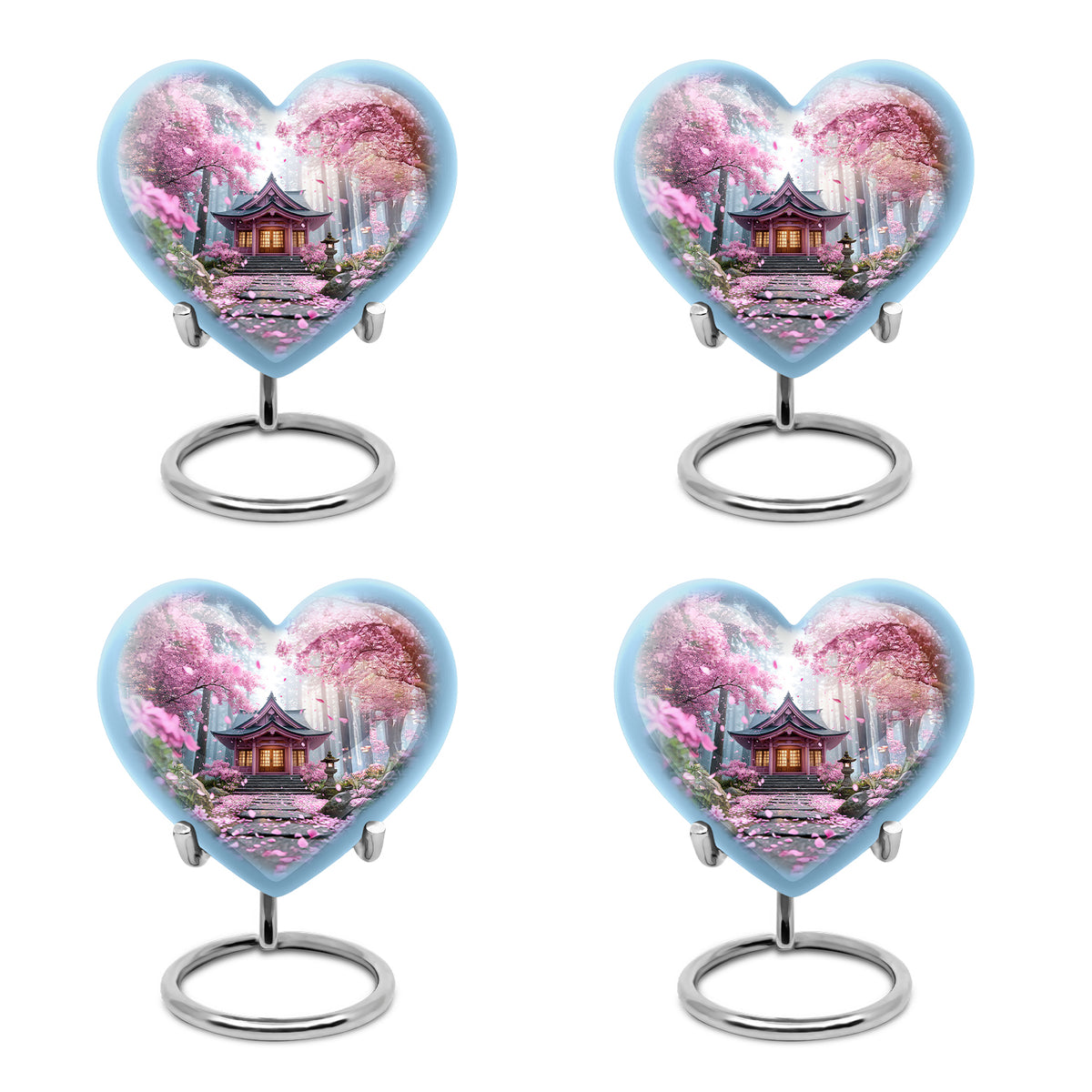Coral Pink Cherry Blossom Cremation Urn angled view of lid and engraved motif - heart-shaped cherry blossom design symbolizing eternal love - 10 inch aluminum urn for cremated remains