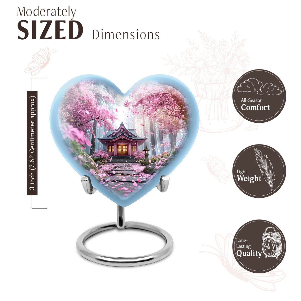 Pastel Pink Cherry Blossom Cremation Urn front view showing detailed design - loving heart memorial featuring cherry blossom pattern - mini keepsake memorial for portion of cremation ashes