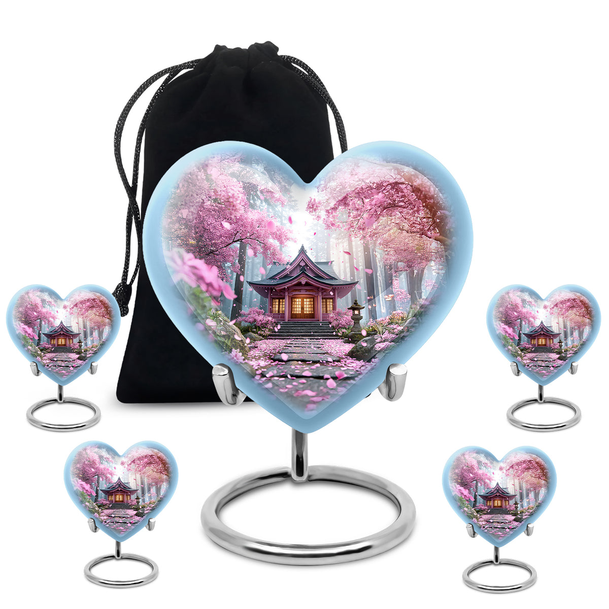 Coral Pink Cherry Blossom Cremation Urn close-up of engraving and surface detail - heart-shaped cherry blossom design symbolizing eternal love - memorial set with one large and four small urns