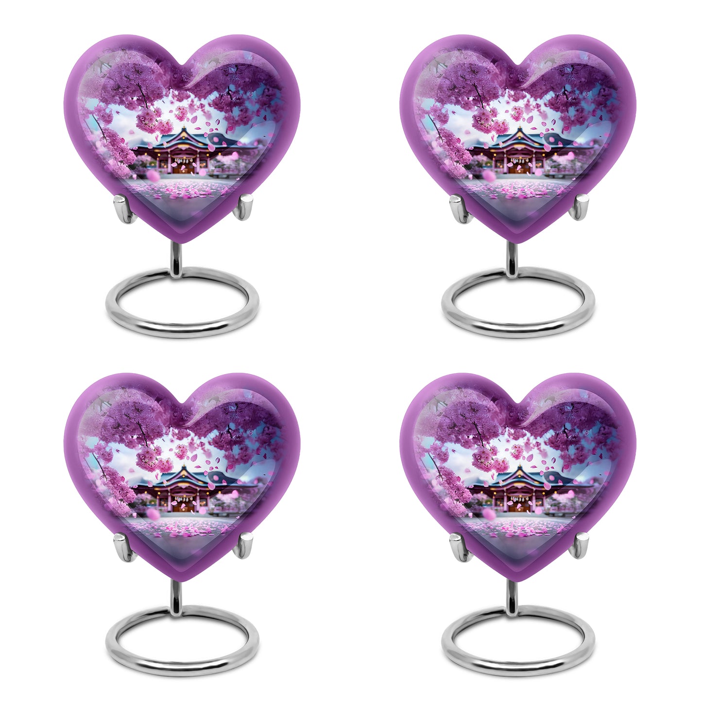 Petal Pink Cherry Blossom Cremation Urn angled view of lid and engraved motif - compassionate heart-cherry blossom combination with gentle curves - 10 inch aluminum urn for cremated remains