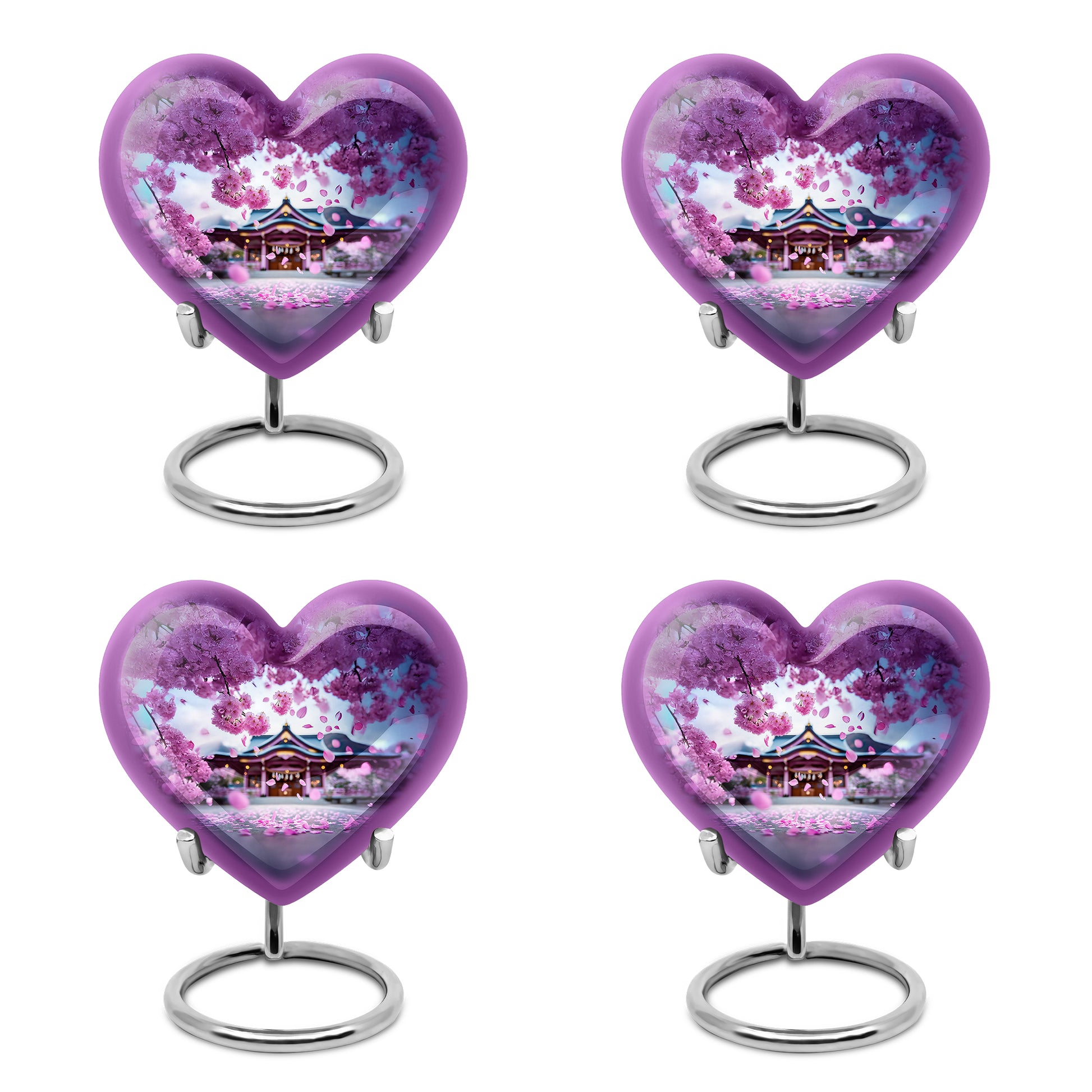 Petal Pink Cherry Blossom Cremation Urn angled view of lid and engraved motif - compassionate heart-cherry blossom combination with gentle curves - 10 inch aluminum urn for cremated remains