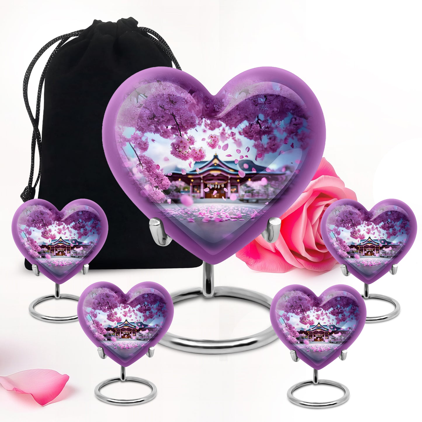 Petal Pink Cherry Blossom Cremation Urn close-up of engraving and surface detail - romantic heart urn with cherry blossom motif on aluminum - memorial set with one large and four small urns