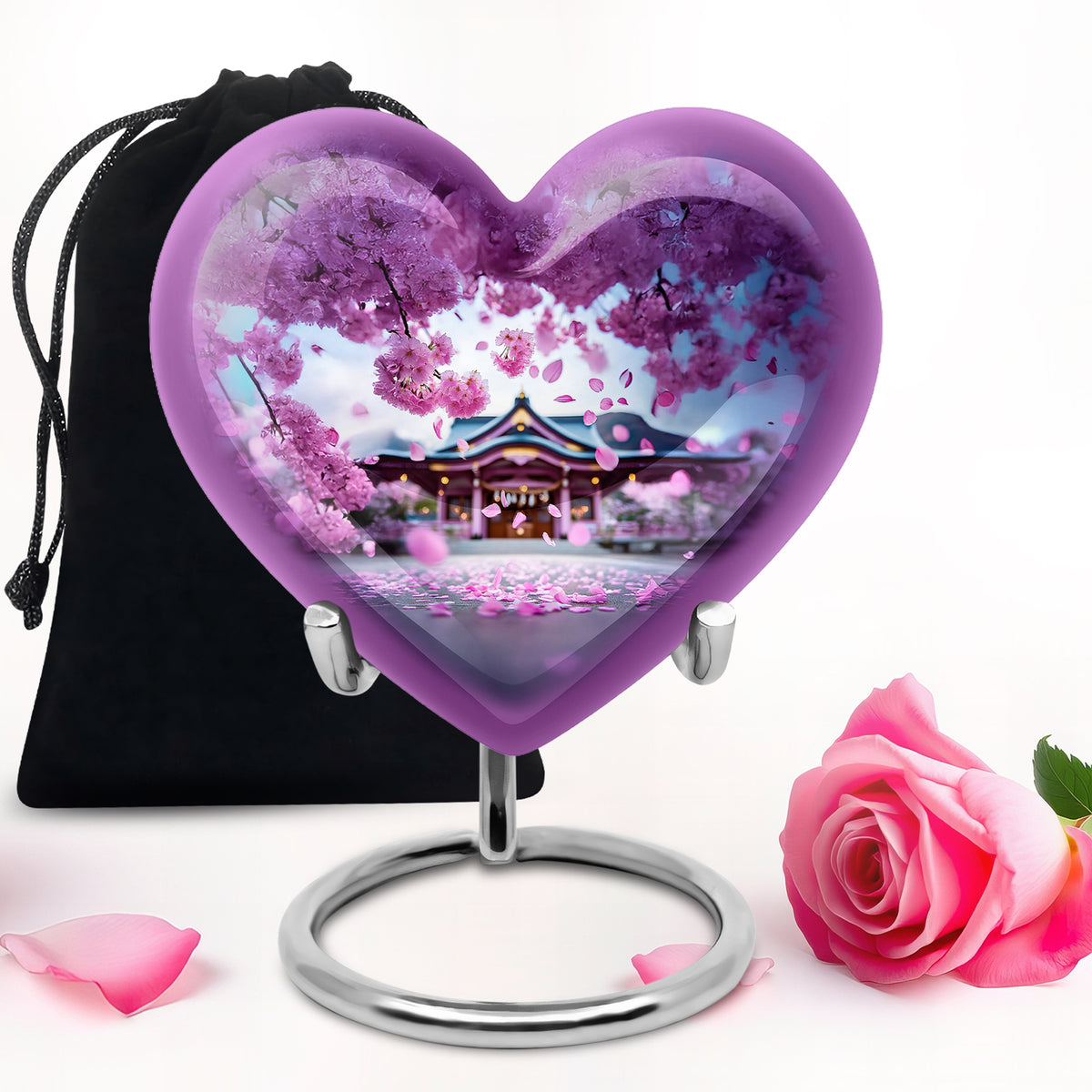 Peony Pink Cherry Blossom Cremation Urn detail view - loving heart memorial featuring cherry blossom pattern - full-size 10 inch 200 cubic inch adult cremation urn