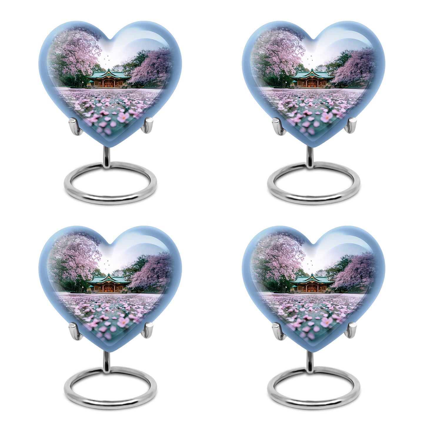 Porcelain White Cherry Blossom Cremation Urn angled view of lid and engraved motif - compassionate heart-cherry blossom combination with gentle curves - 10 inch aluminum urn for cremated remains