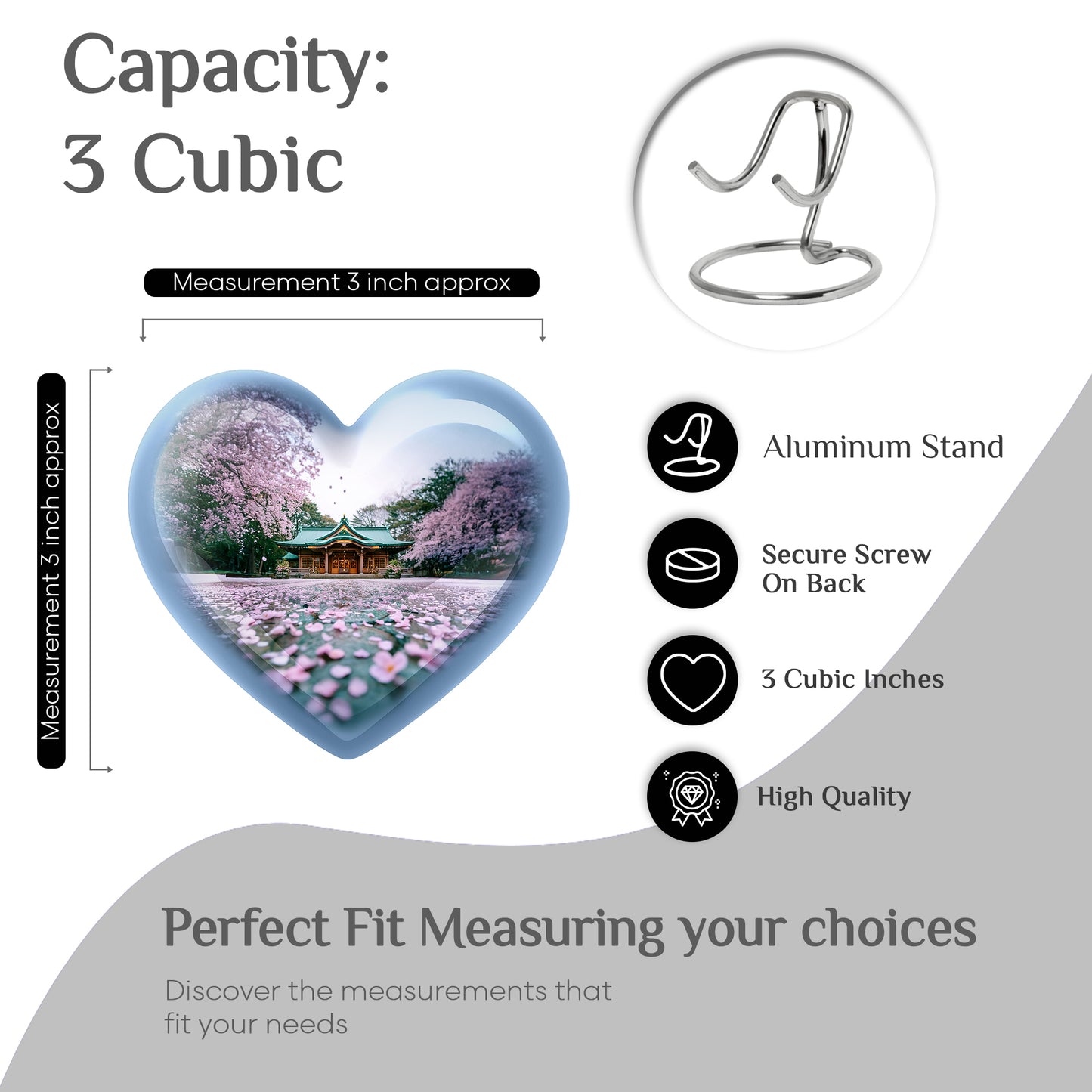 Silk White Cherry Blossom Cremation Urn front view showing detailed design - romantic heart urn with cherry blossom motif on aluminum - mini keepsake memorial for portion of cremation ashes
