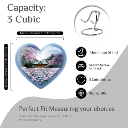 Silk White Cherry Blossom Cremation Urn front view showing detailed design - romantic heart urn with cherry blossom motif on aluminum - mini keepsake memorial for portion of cremation ashes