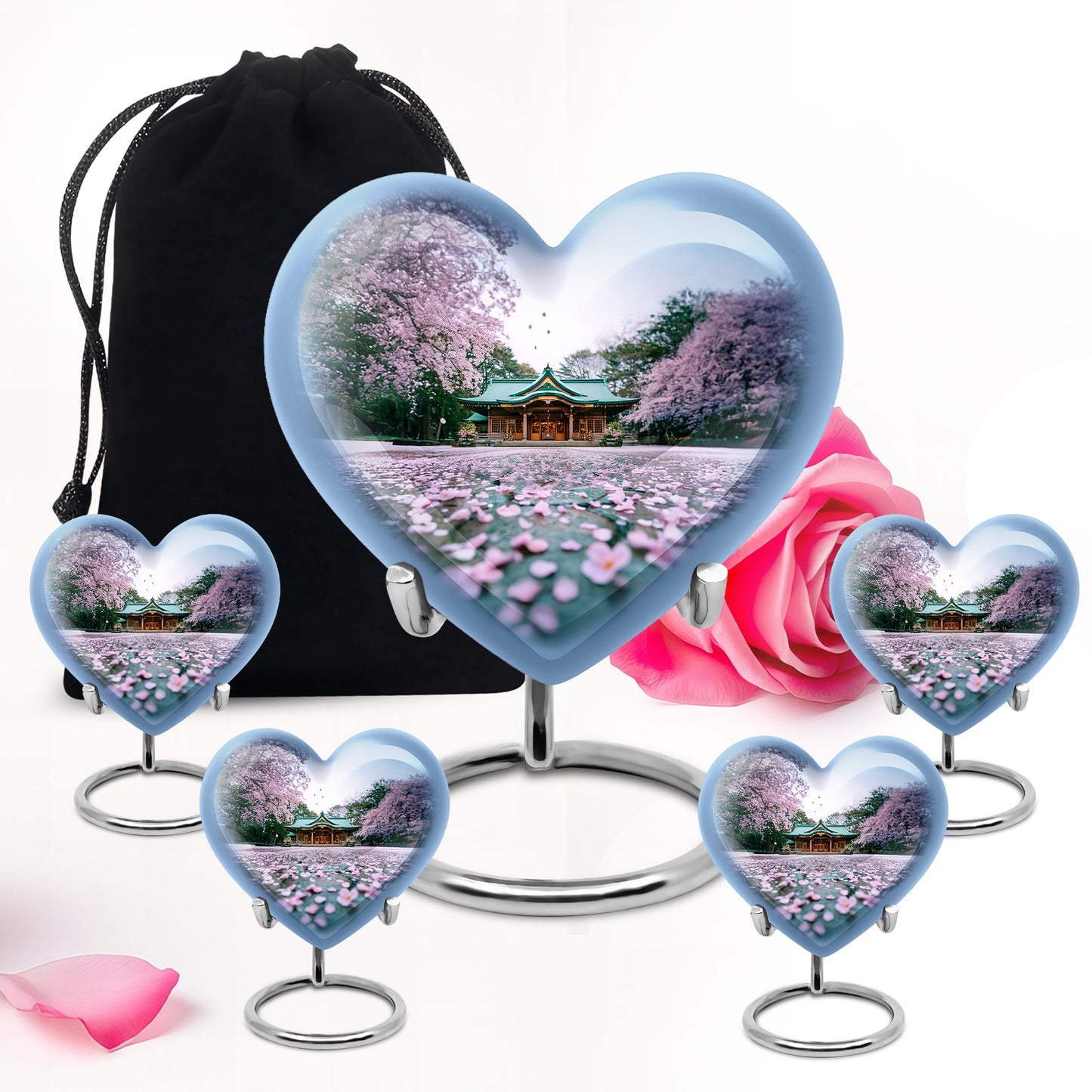 Frost White Cherry Blossom Cremation Urn close-up of engraving and surface detail - heart-shaped cherry blossom design symbolizing eternal love - memorial set with one large and four small urns