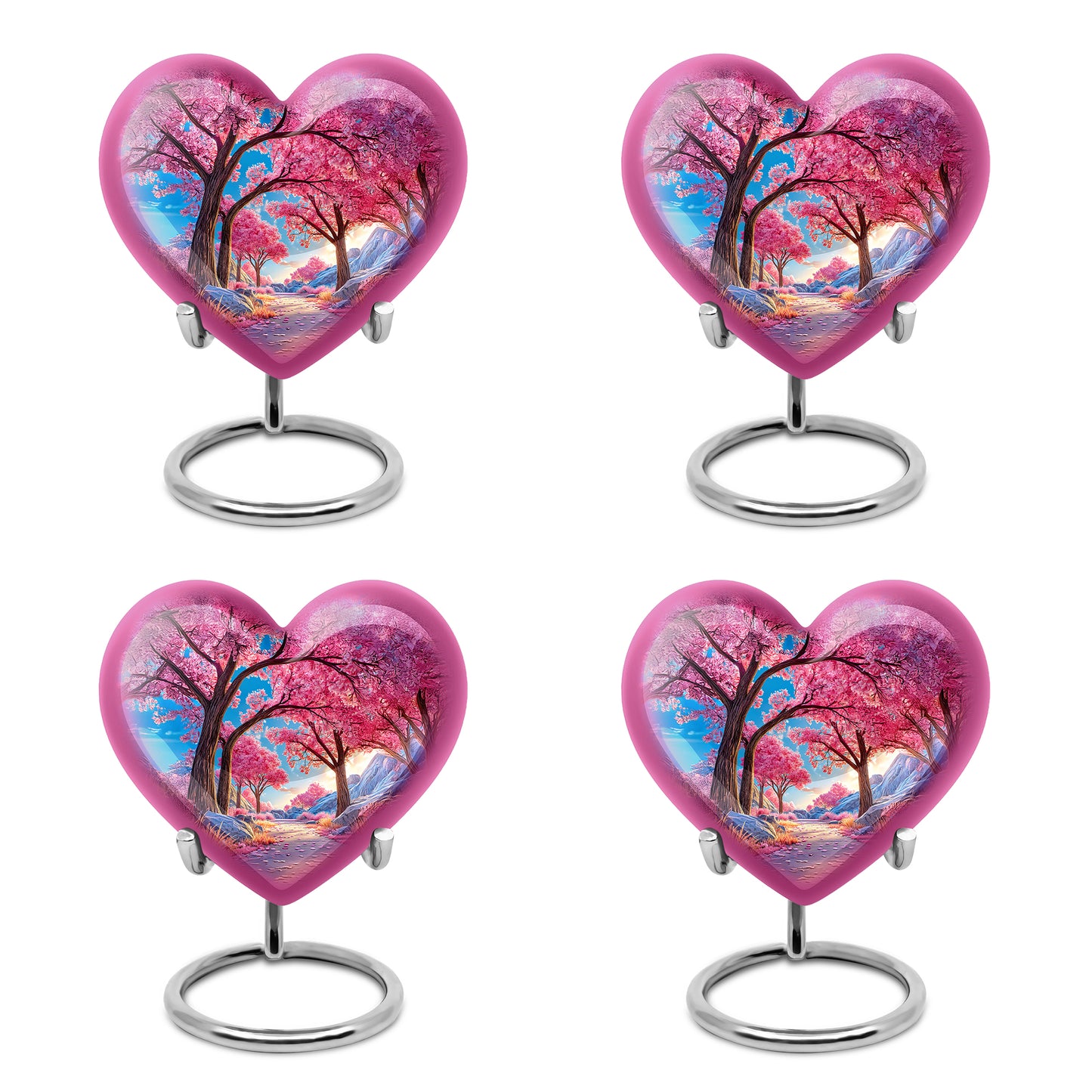 Indigo Cherry Blossom Cremation Urn angled view of lid and engraved motif - loving heart memorial featuring cherry blossom pattern - 10 inch aluminum urn for cremated remains