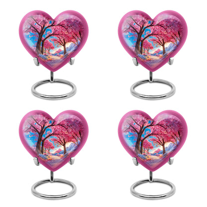 Indigo Cherry Blossom Cremation Urn angled view of lid and engraved motif - loving heart memorial featuring cherry blossom pattern - 10 inch aluminum urn for cremated remains