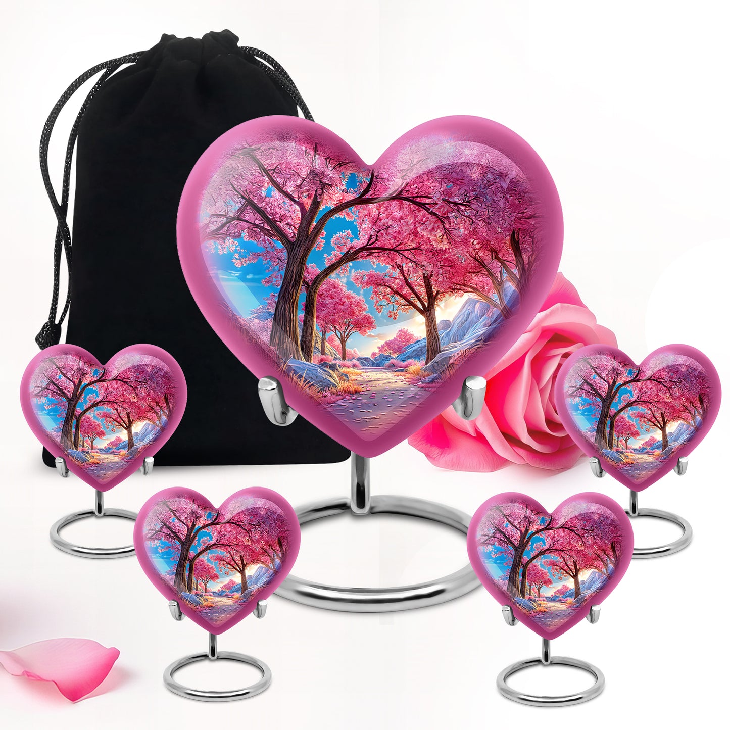 Slate Blue Cherry Blossom Cremation Urn close-up of engraving and surface detail - loving heart memorial featuring cherry blossom pattern - memorial set with one large and four small urns
