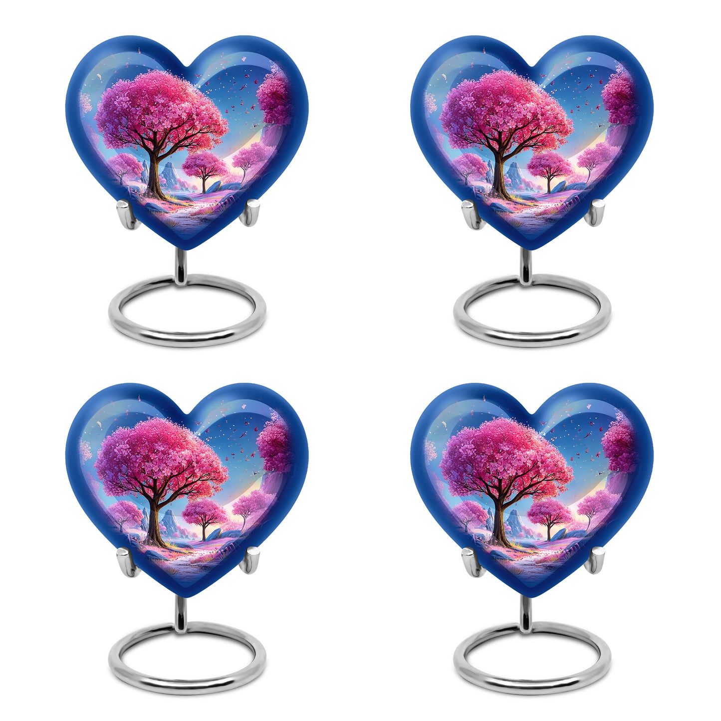 Steel Blue Cherry Blossom Cremation Urn angled view of lid and engraved motif - romantic heart urn with cherry blossom motif on aluminum - 10 inch aluminum urn for cremated remains