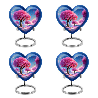 Steel Blue Cherry Blossom Cremation Urn angled view of lid and engraved motif - romantic heart urn with cherry blossom motif on aluminum - 10 inch aluminum urn for cremated remains
