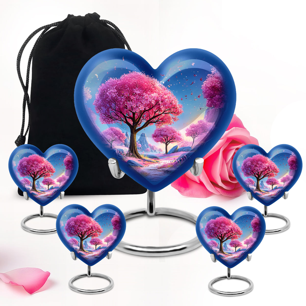Powder Blue Cherry Blossom Cremation Urn close-up of engraving and surface detail - loving heart memorial featuring cherry blossom pattern - memorial set with one large and four small urns