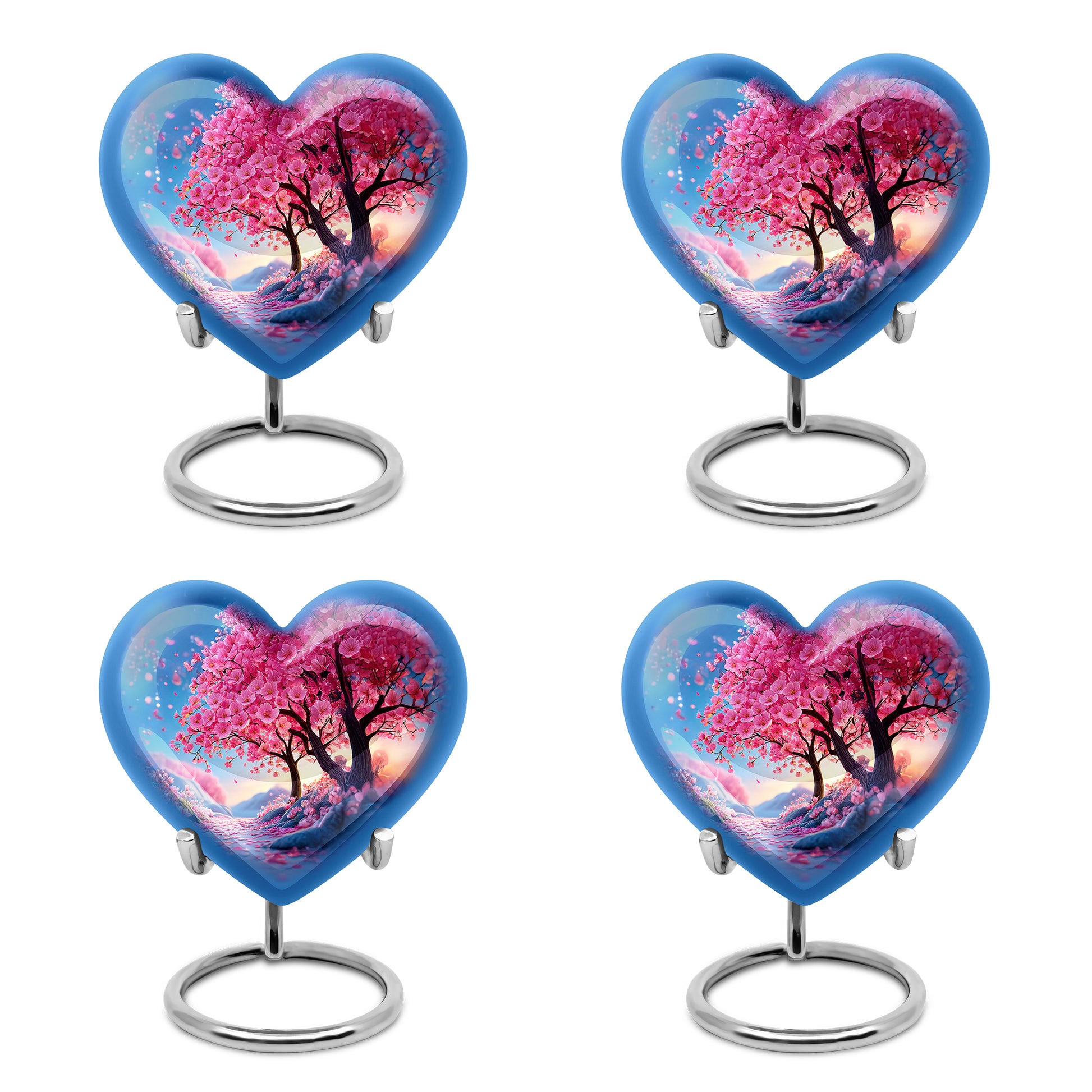 Pastel Pink Cherry Blossom Cremation Urn angled view of lid and engraved motif - loving heart memorial featuring cherry blossom pattern - 10 inch aluminum urn for cremated remains