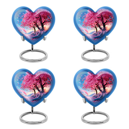 Pastel Pink Cherry Blossom Cremation Urn angled view of lid and engraved motif - loving heart memorial featuring cherry blossom pattern - 10 inch aluminum urn for cremated remains