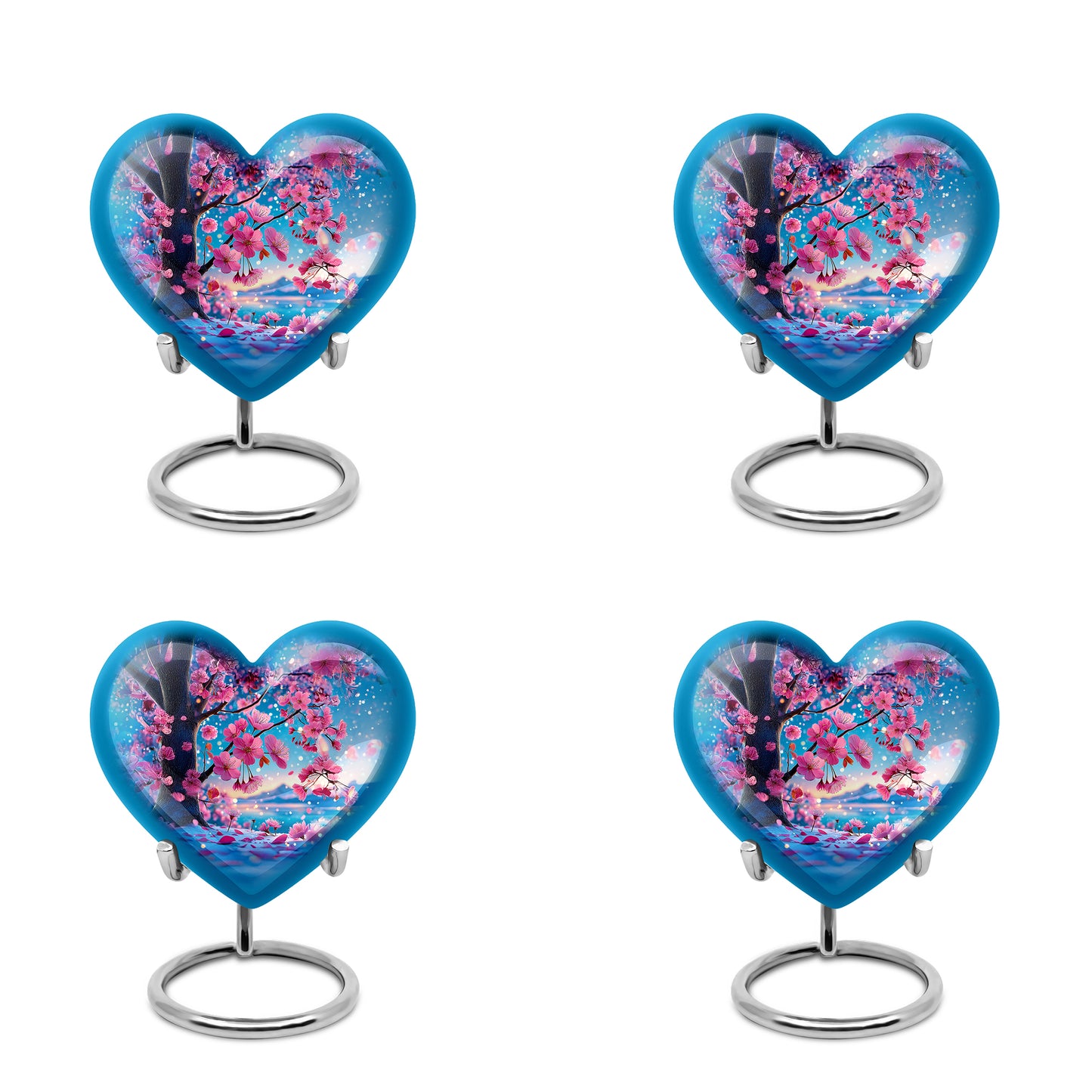 Cool Teal Cherry Blossom Cremation Urn angled view of lid and engraved motif - loving heart memorial featuring cherry blossom pattern - 10 inch aluminum urn for cremated remains