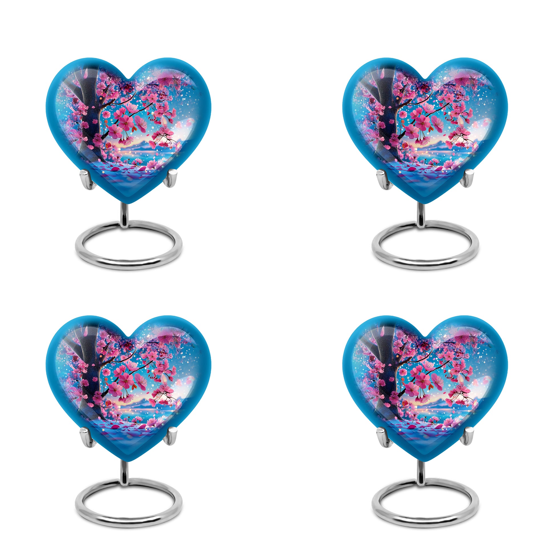Cool Teal Cherry Blossom Cremation Urn angled view of lid and engraved motif - loving heart memorial featuring cherry blossom pattern - 10 inch aluminum urn for cremated remains