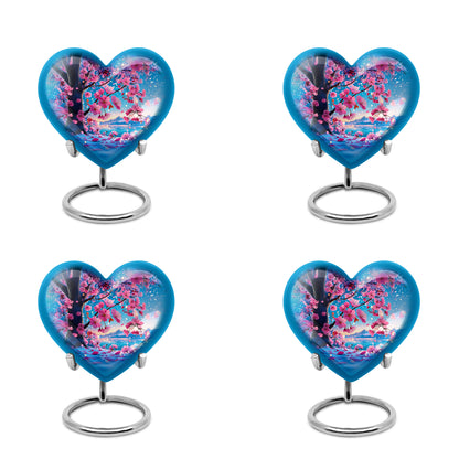 Cool Teal Cherry Blossom Cremation Urn angled view of lid and engraved motif - loving heart memorial featuring cherry blossom pattern - 10 inch aluminum urn for cremated remains