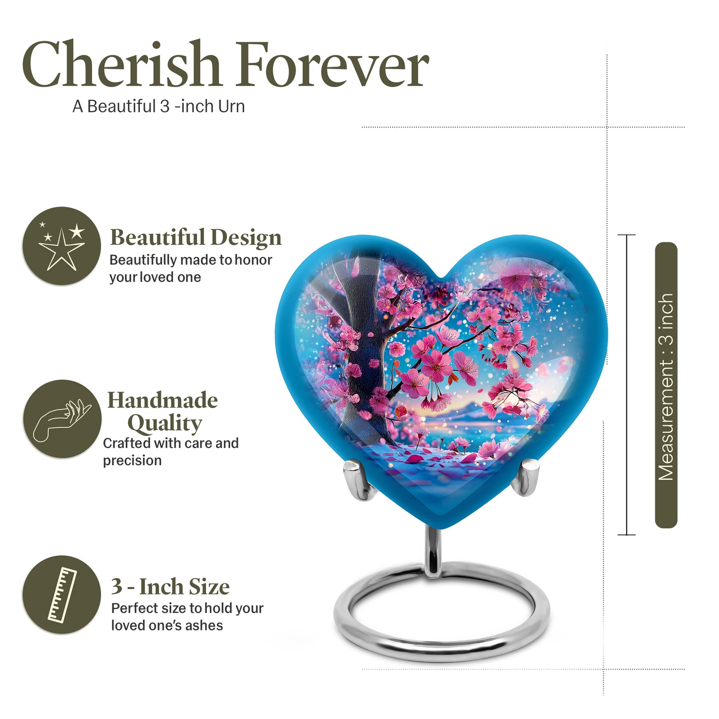 Tropical Teal Cherry Blossom Cremation Urn front view showing detailed design - compassionate heart-cherry blossom combination with gentle curves - mini keepsake memorial for portion of cremation ashes