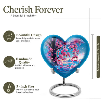 Tropical Teal Cherry Blossom Cremation Urn front view showing detailed design - compassionate heart-cherry blossom combination with gentle curves - mini keepsake memorial for portion of cremation ashes