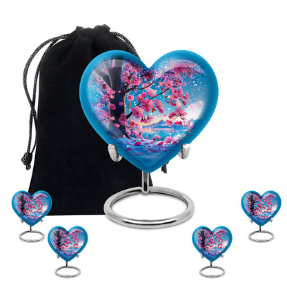 Soft Teal Cherry Blossom Cremation Urn close-up of engraving and surface detail - heart-shaped cherry blossom design symbolizing eternal love - memorial set with one large and four small urns