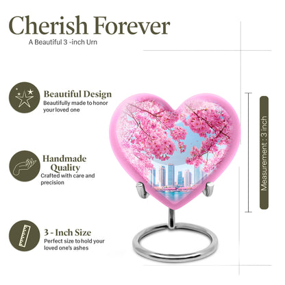 Indigo Cherry Blossom Cremation Urn front view showing detailed design - loving heart memorial featuring cherry blossom pattern - mini keepsake memorial for portion of cremation ashes