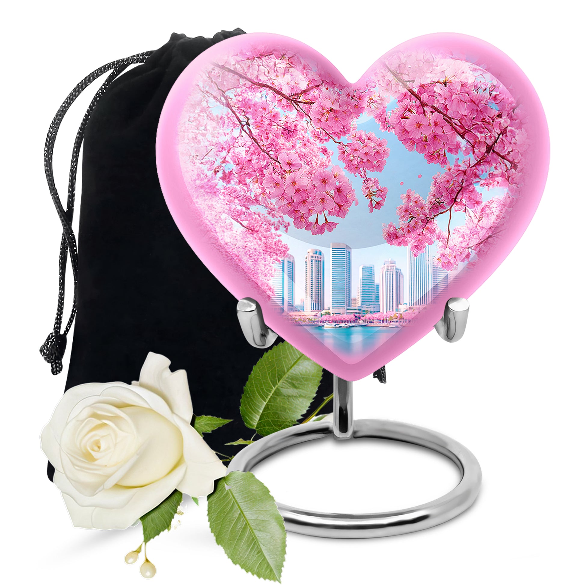 Azure Cherry Blossom Cremation Urn detail view - heart-shaped cherry blossom design symbolizing eternal love - full-size 10 inch 200 cubic inch adult cremation urn
