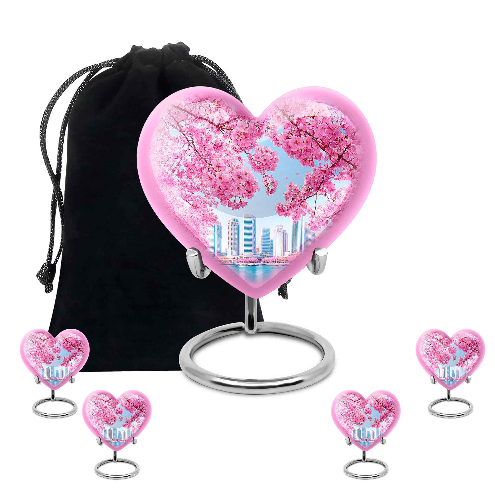 Azure Cherry Blossom Cremation Urn close-up of engraving and surface detail - heart-shaped cherry blossom design symbolizing eternal love - memorial set with one large and four small urns