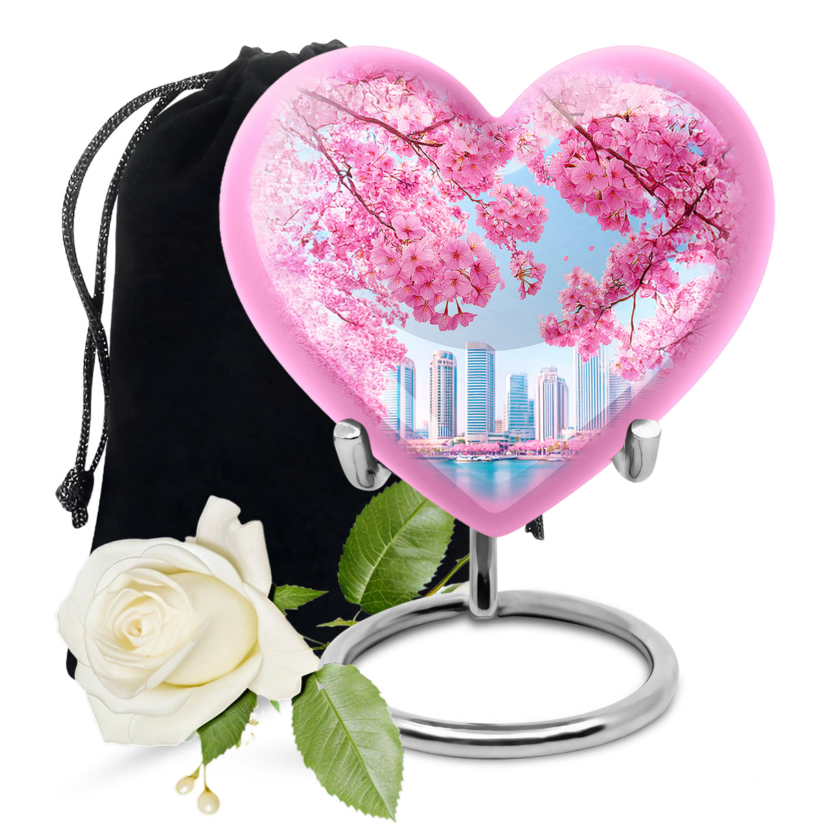 Azure Cherry Blossom Cremation Urn detail view - heart-shaped cherry blossom design symbolizing eternal love - full-size 10 inch 200 cubic inch adult cremation urn