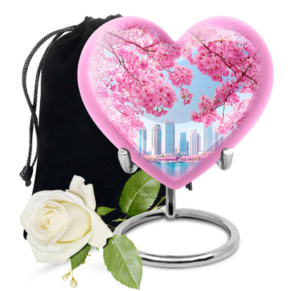 Azure Cherry Blossom Cremation Urn detail view - heart-shaped cherry blossom design symbolizing eternal love - full-size 10 inch 200 cubic inch adult cremation urn